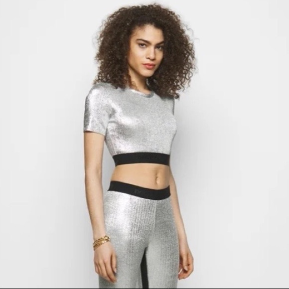 Nwt Paco Rabanne Cropped Two-Tone Metallic Stretch Top